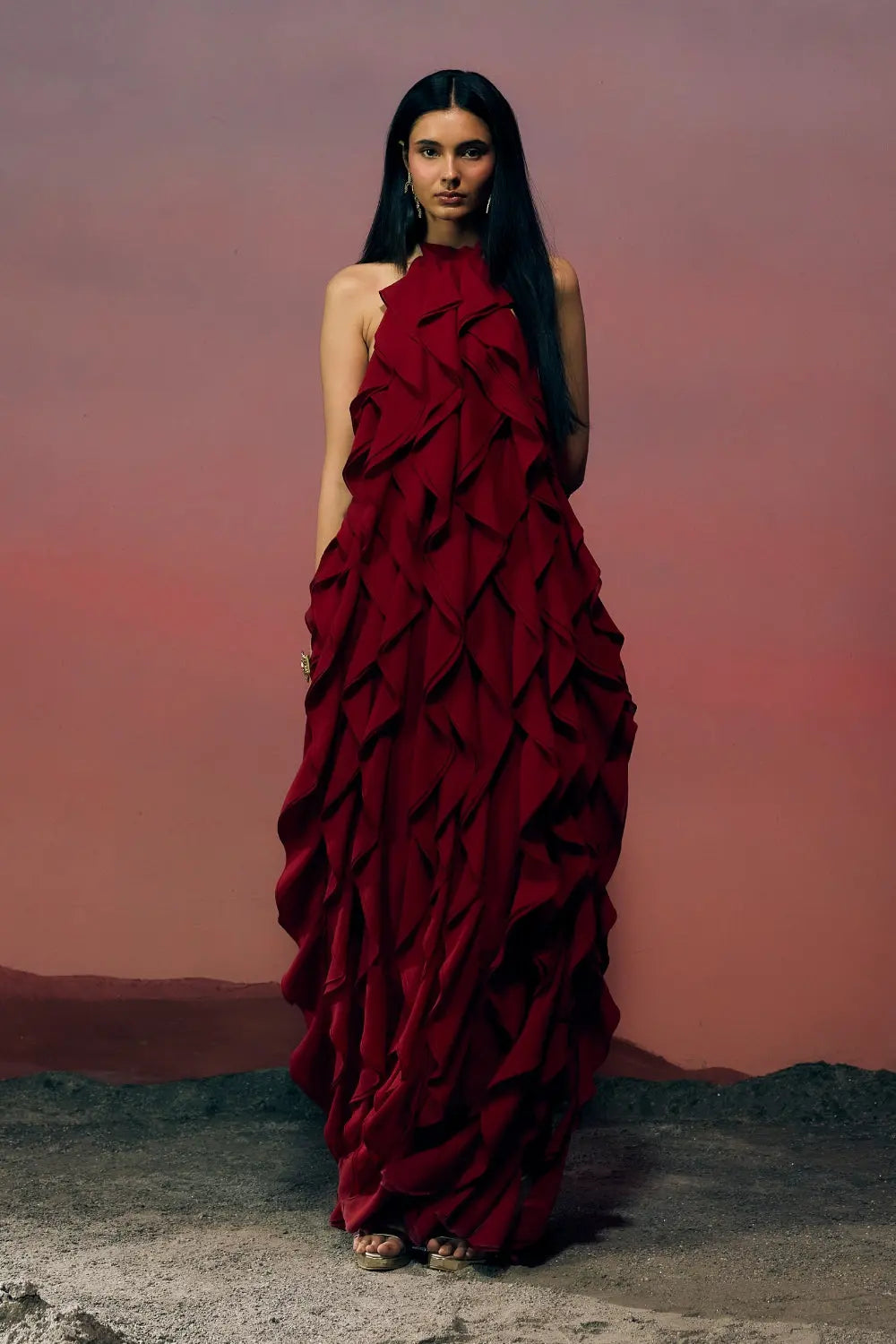 The Veridian Ruffle Gown Ivoryrose.in