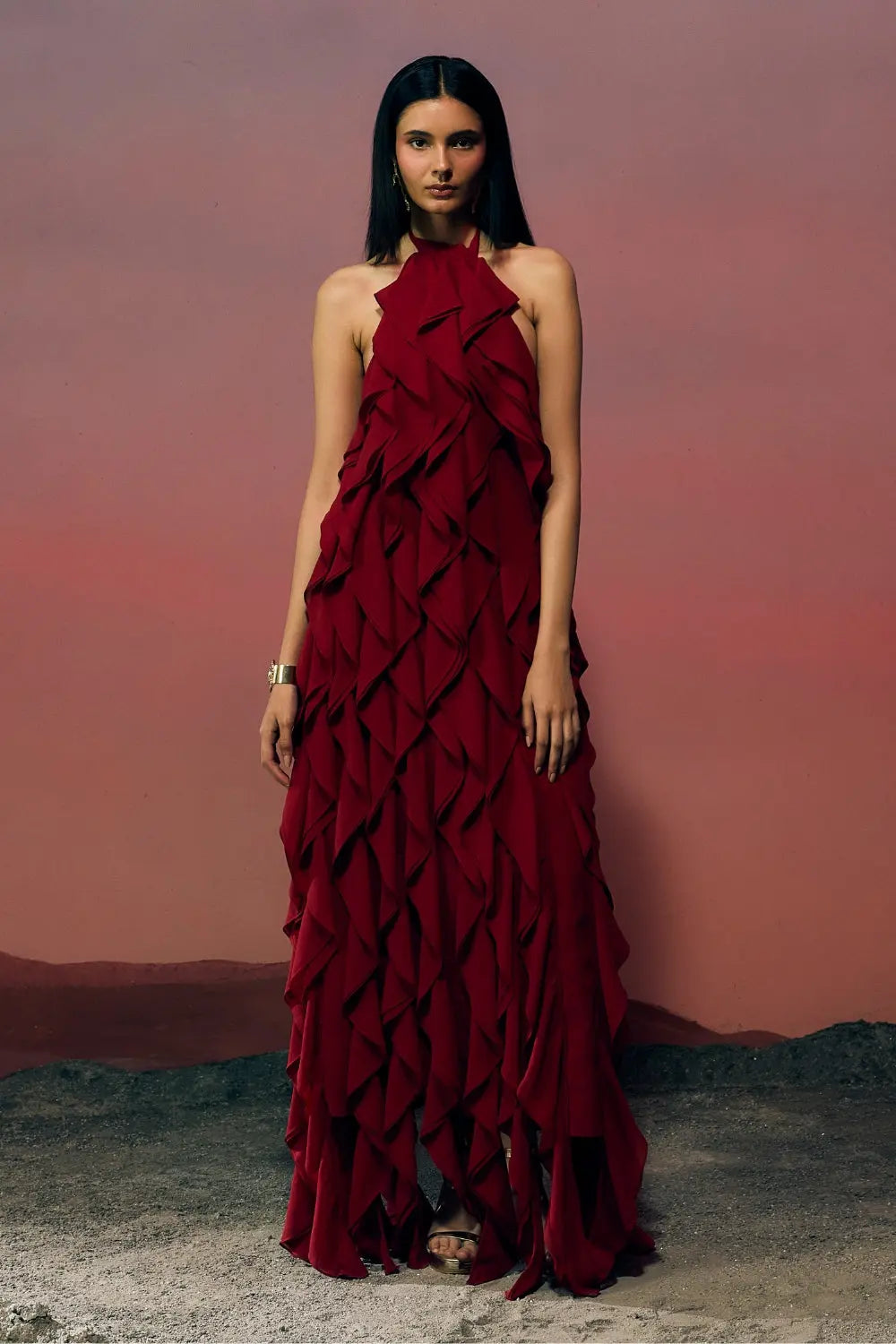 The Veridian Ruffle Gown Ivoryrose.in