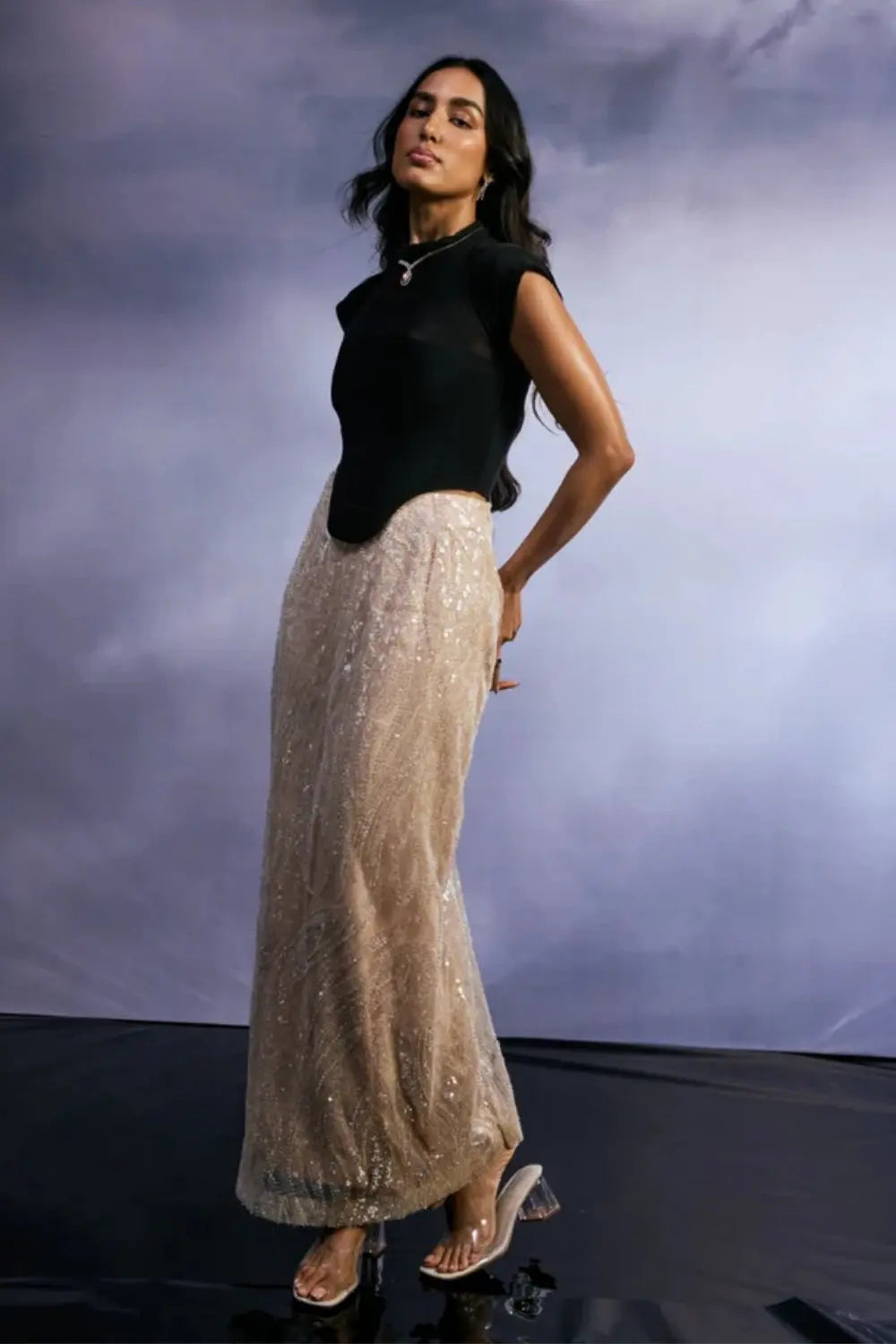 GOLDEN ECLIPSE Sequin Column Skirt Ivory Rose