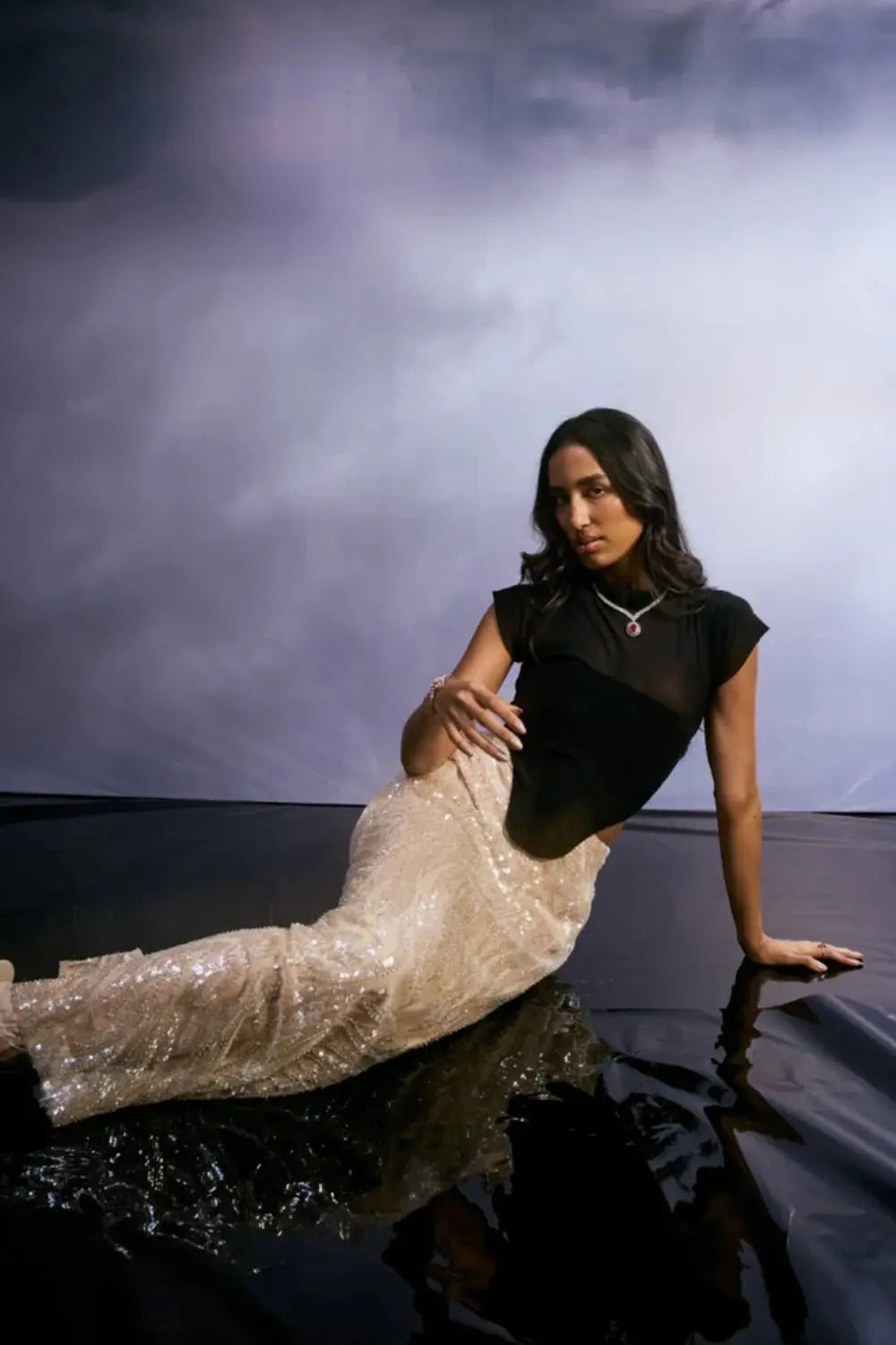 GOLDEN ECLIPSE Sequin Column Skirt Ivory Rose