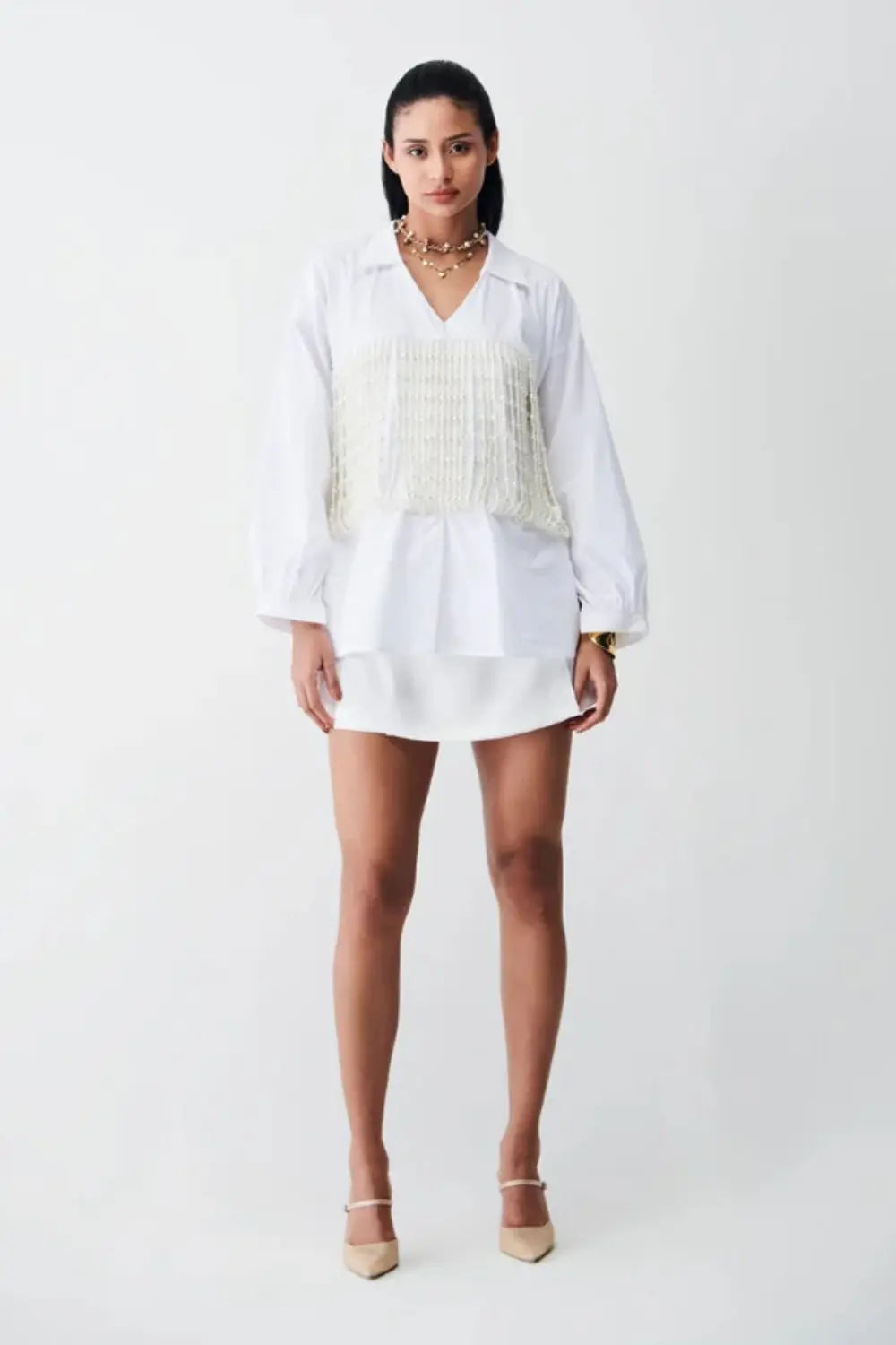 City Light Shirt Dress With Pearl Corset Ivory Rose