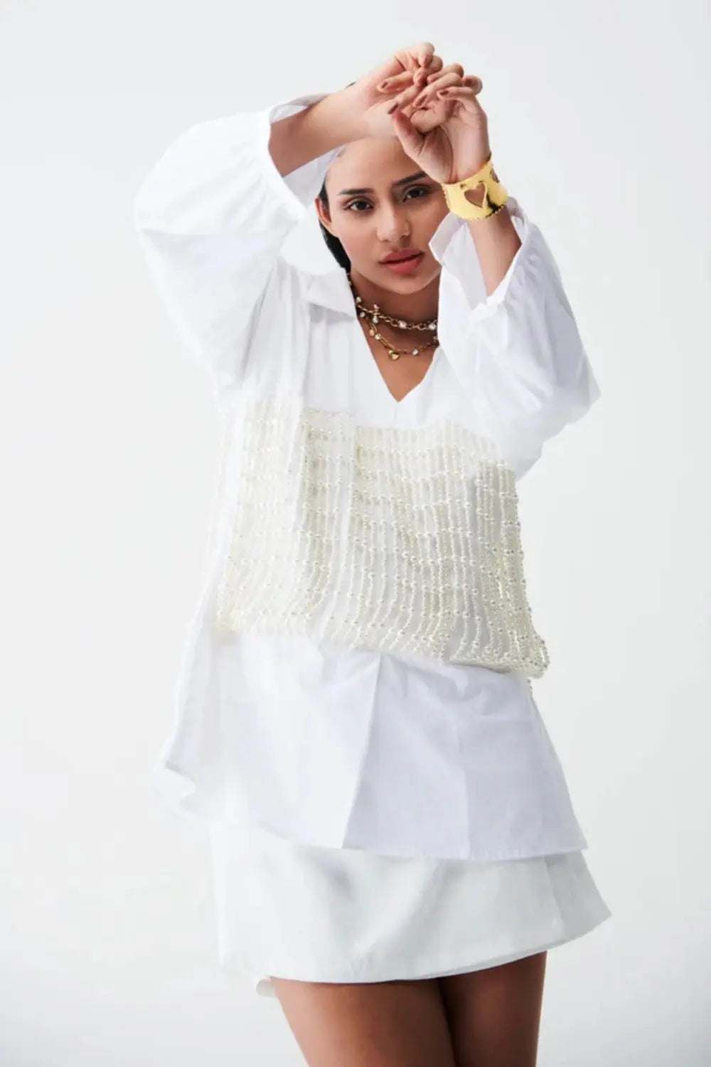 City Light Shirt Dress With Pearl Corset Ivory Rose
