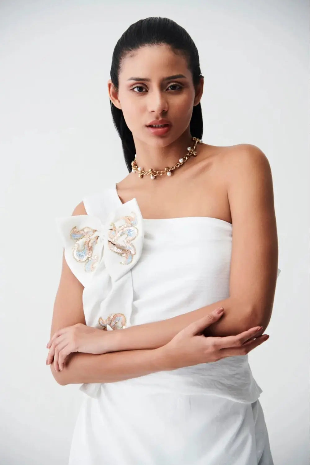 Mia One Shoulder Bow Top Ivory Rose