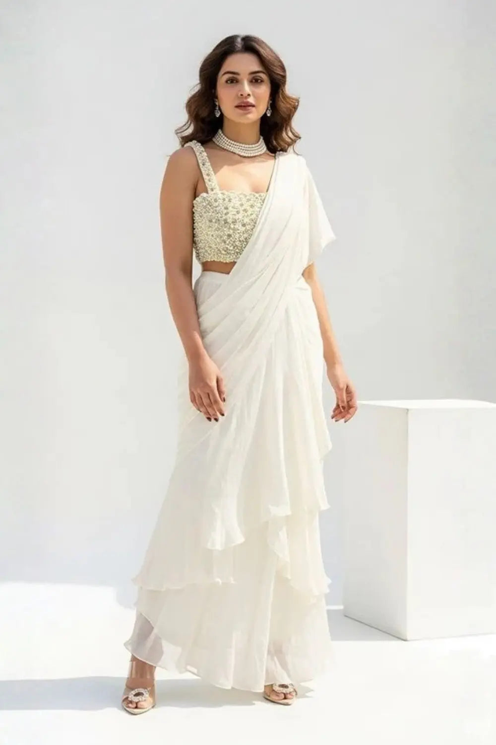 The Seraphine Pearl Saree With Blouse Ivory Rose