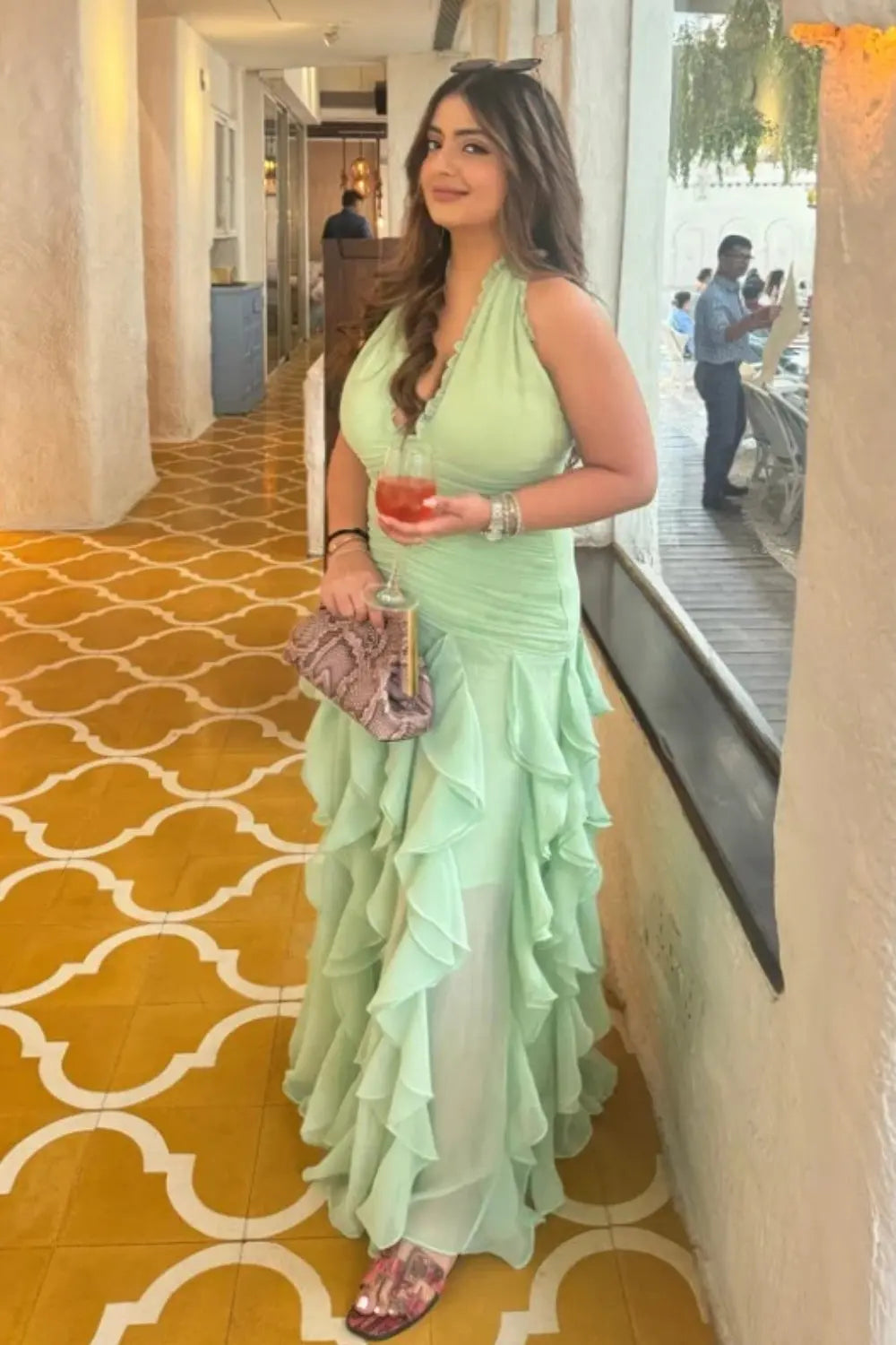 ivory green dress Seafoam Ruffle quality beads Color:Pink with Ribbon Nepal Traditional Clothing: What FALLROMANCE26
