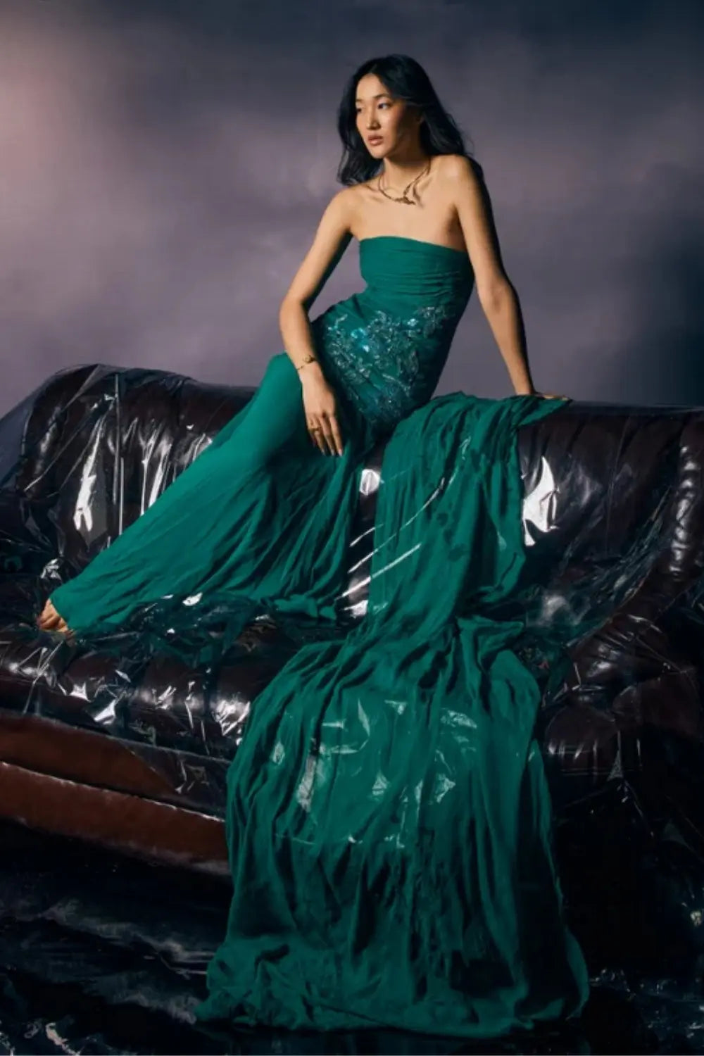 Emerald Mist Top With Sharara Pant Set Ivory Rose