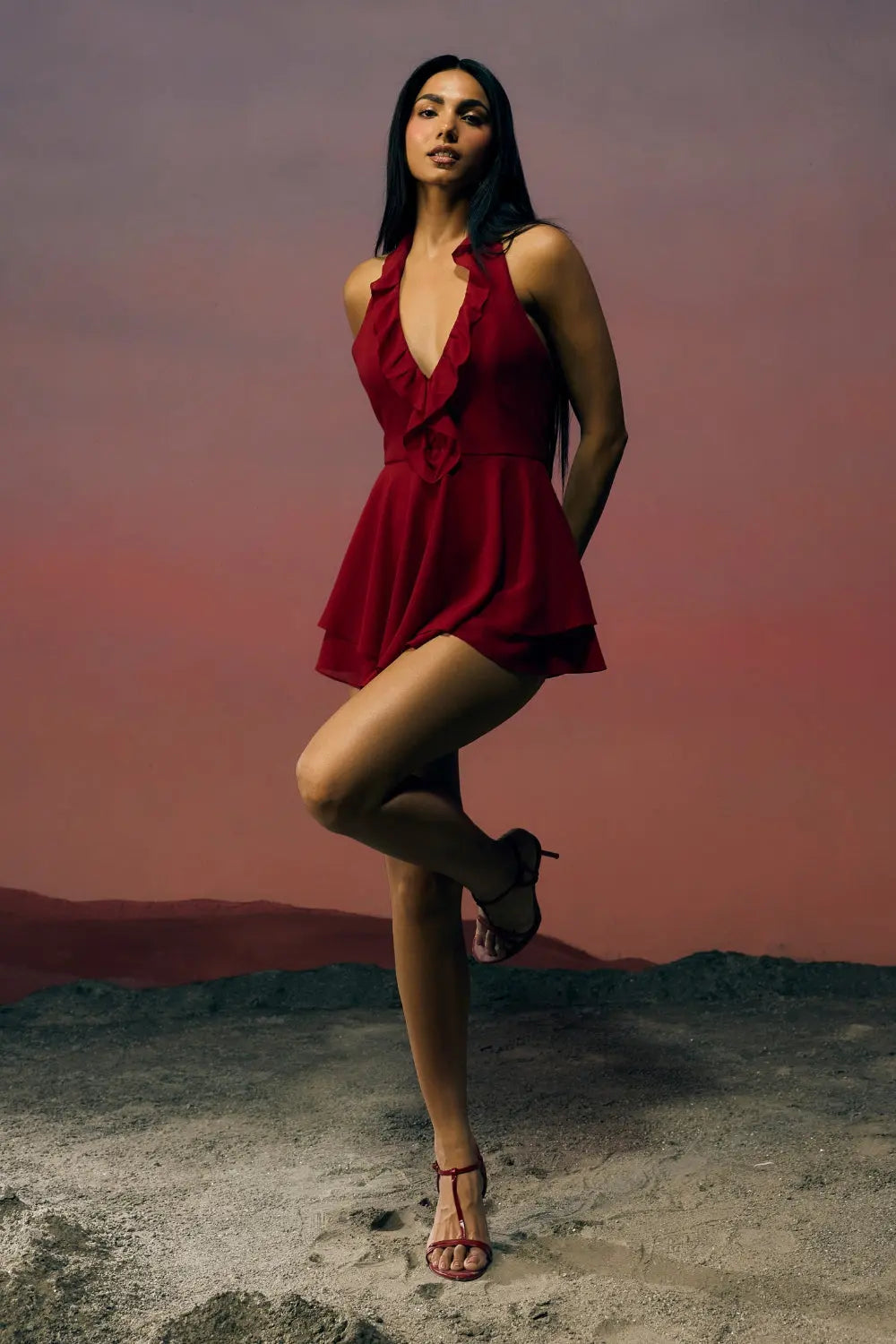 The Carmine Ruffle Dress Ivoryrose.in