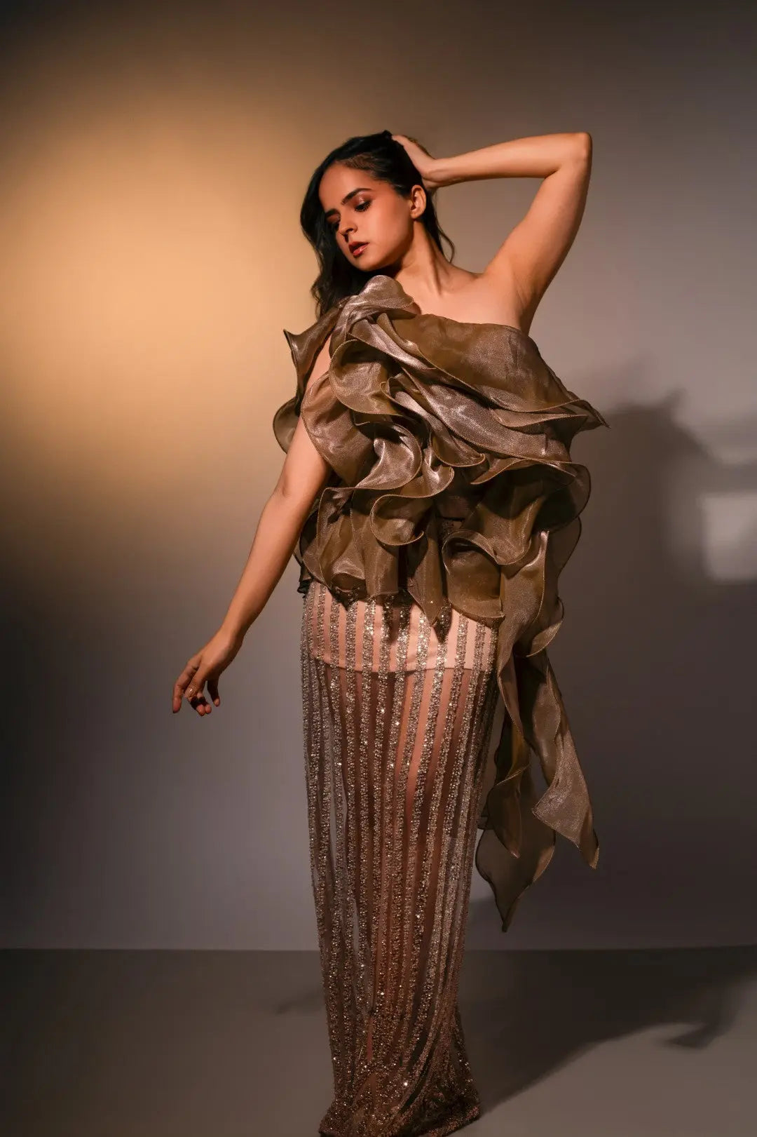 Palak Sindhwani In Our Twilight Cascade Skirt & Dusk Petal Set Ivory Rose