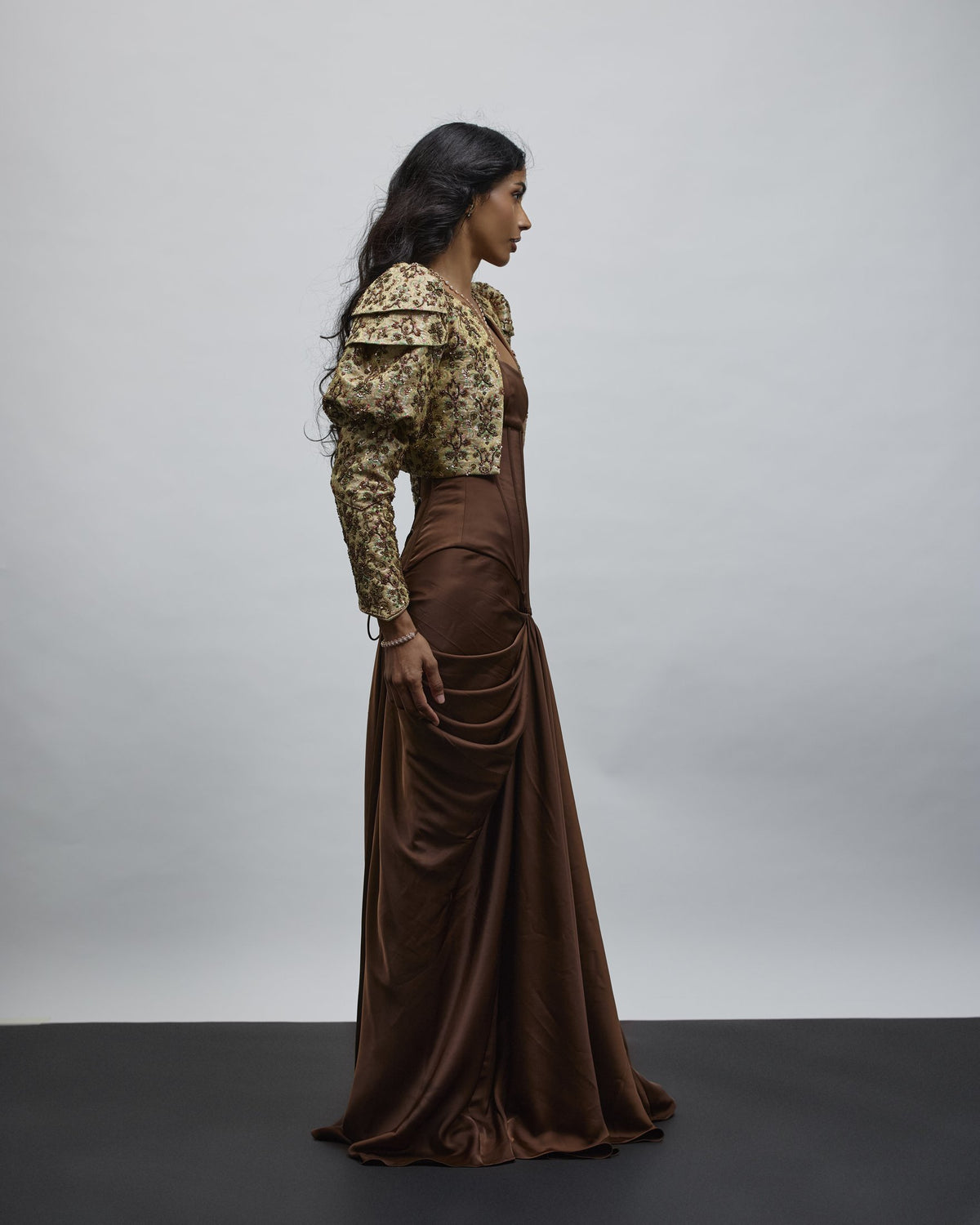 Nakhra Corset Gown & Embroidered Silk Brocade Jacket — Material G(ir)l