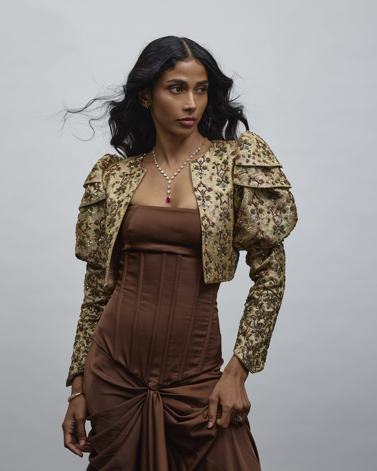 Nakhra Corset Gown & Embroidered Silk Brocade Jacket — Material G(ir)l