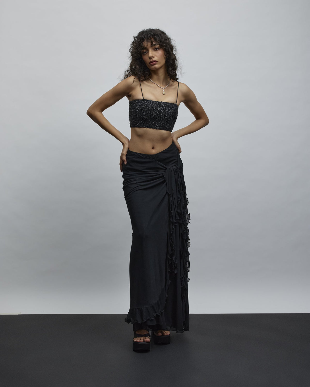 Ember Embroidered Bustier & Tie-Frill Pants Set — Material G(ir)l