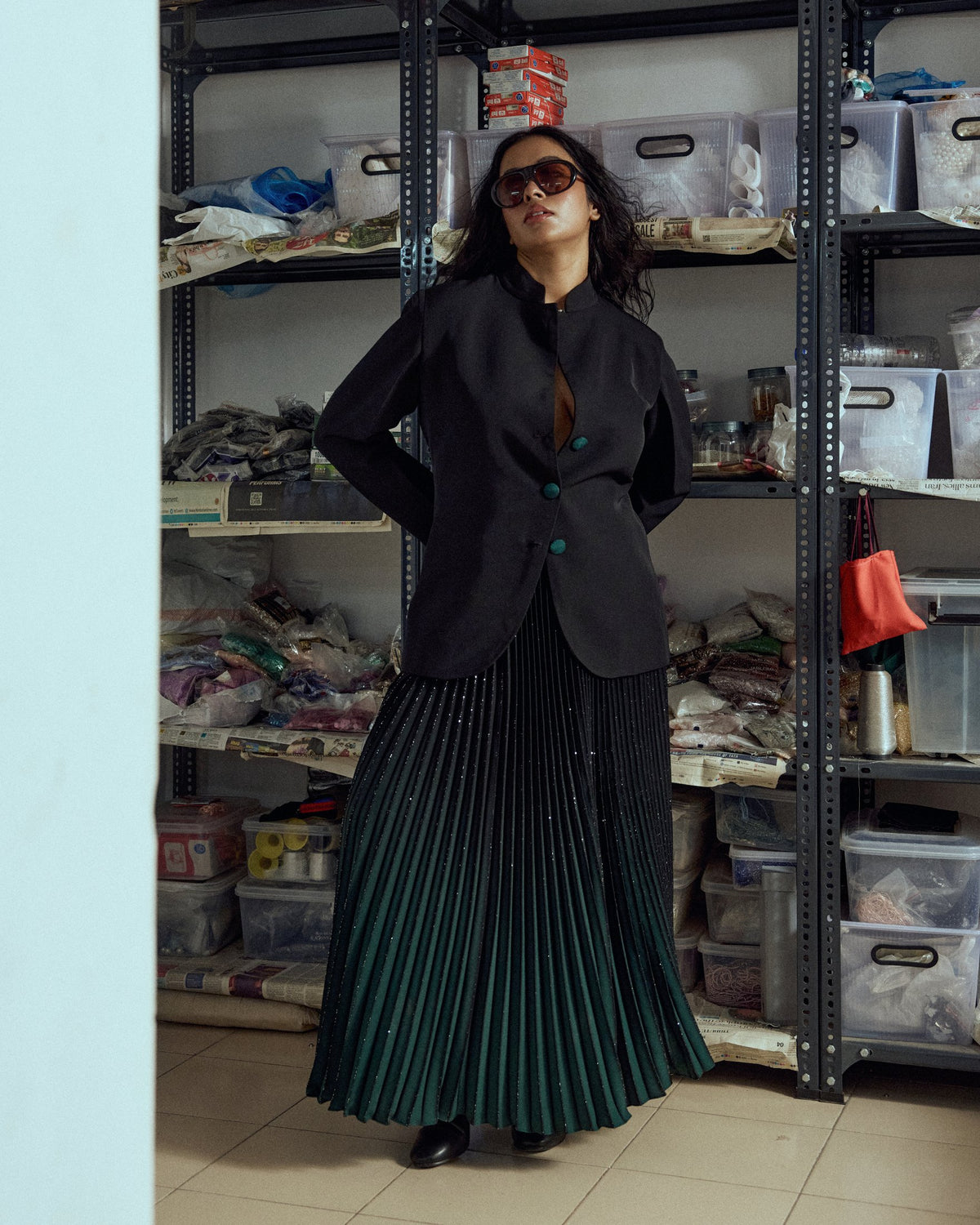 Shahi Black Emerald Ombré Pleated Skirt & Structured Jacket Set — Material G(ir)l