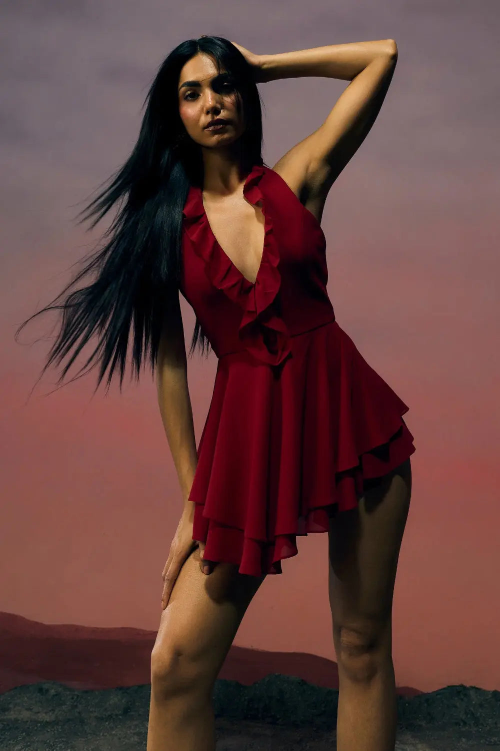 The Carmine Ruffle Dress Ivoryrose.in