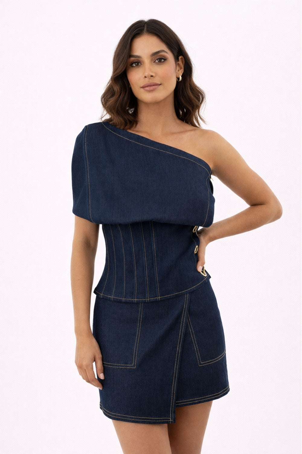 INDIGO LINE DENIM SET (One-Shoulder Top + Mini Skirt)