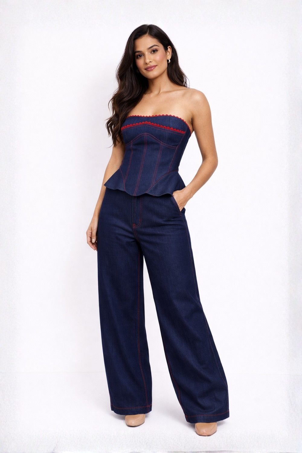 ROUGE STITCH DENIM SET (Strapless Top + Wide-Leg Pants)
