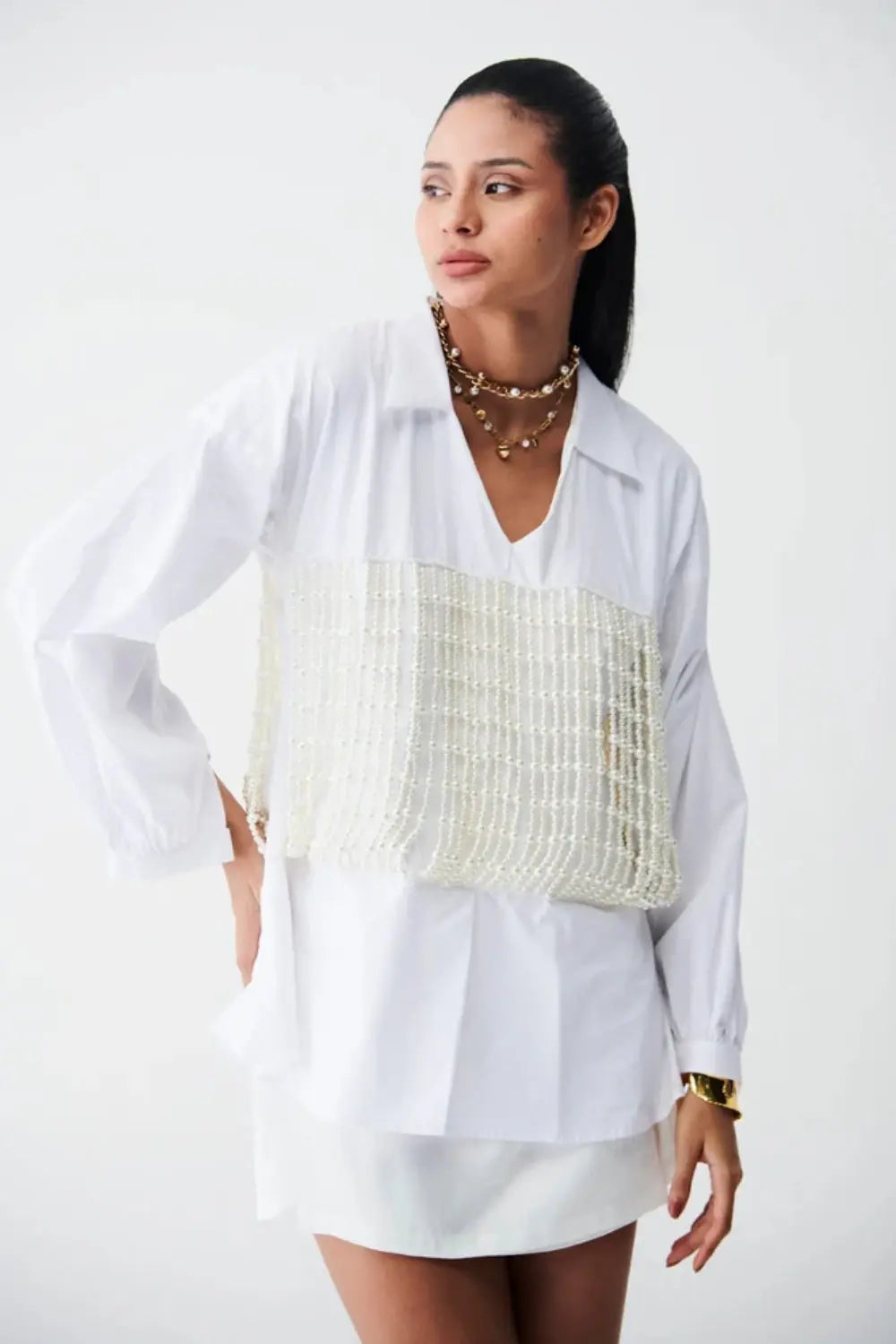 City Light Shirt Dress With Pearl Corset Ivory Rose