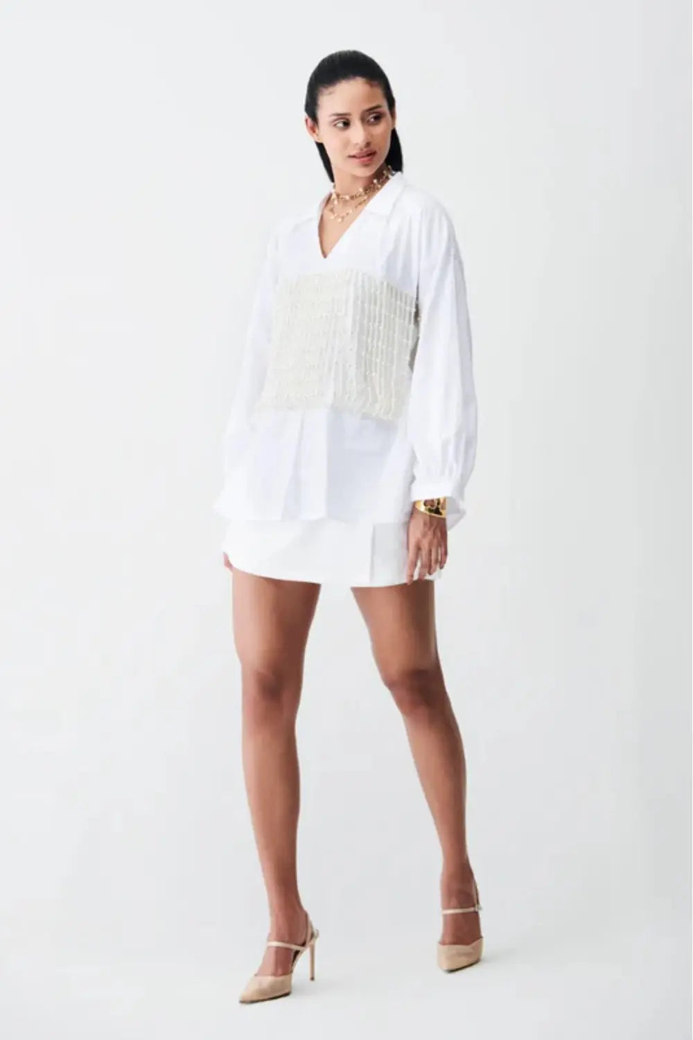 City Light Shirt Dress With Pearl Corset Ivory Rose