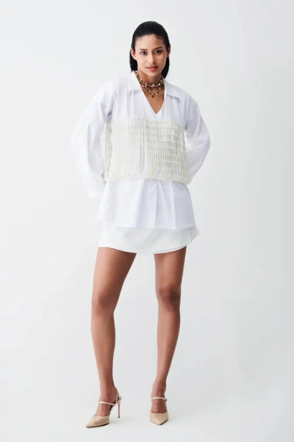 City Light Shirt Dress With Pearl Corset Ivory Rose