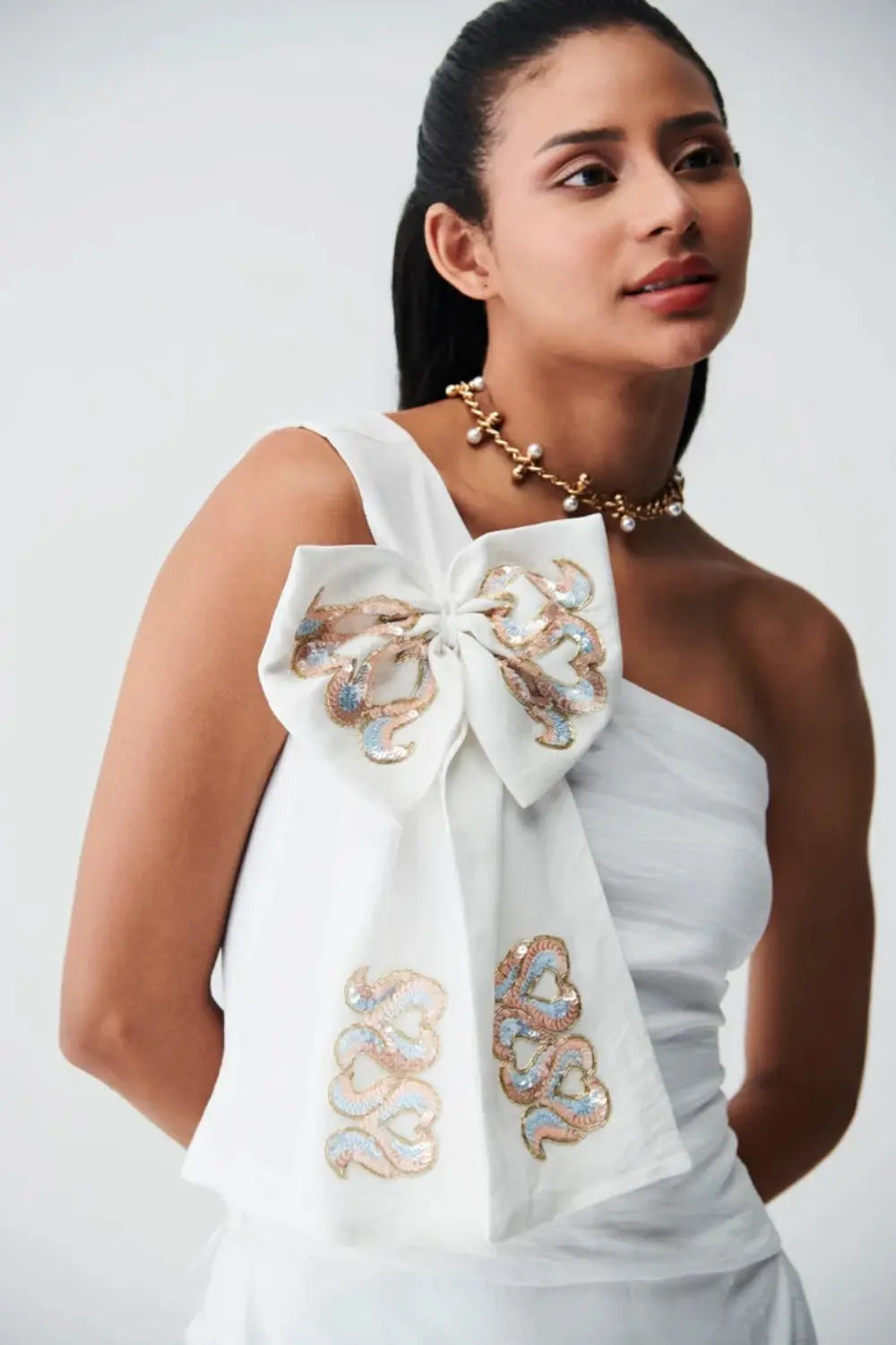 Mia One Shoulder Bow Top Ivory Rose