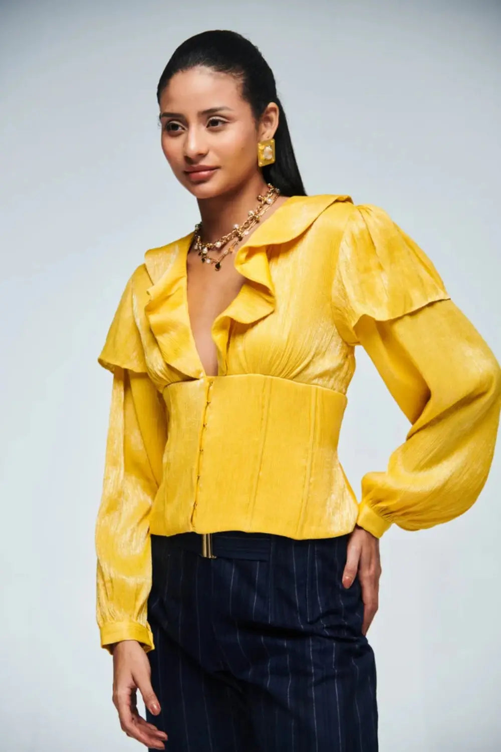 Radiance Balloon Sleeve Ruffle Top Ivory Rose