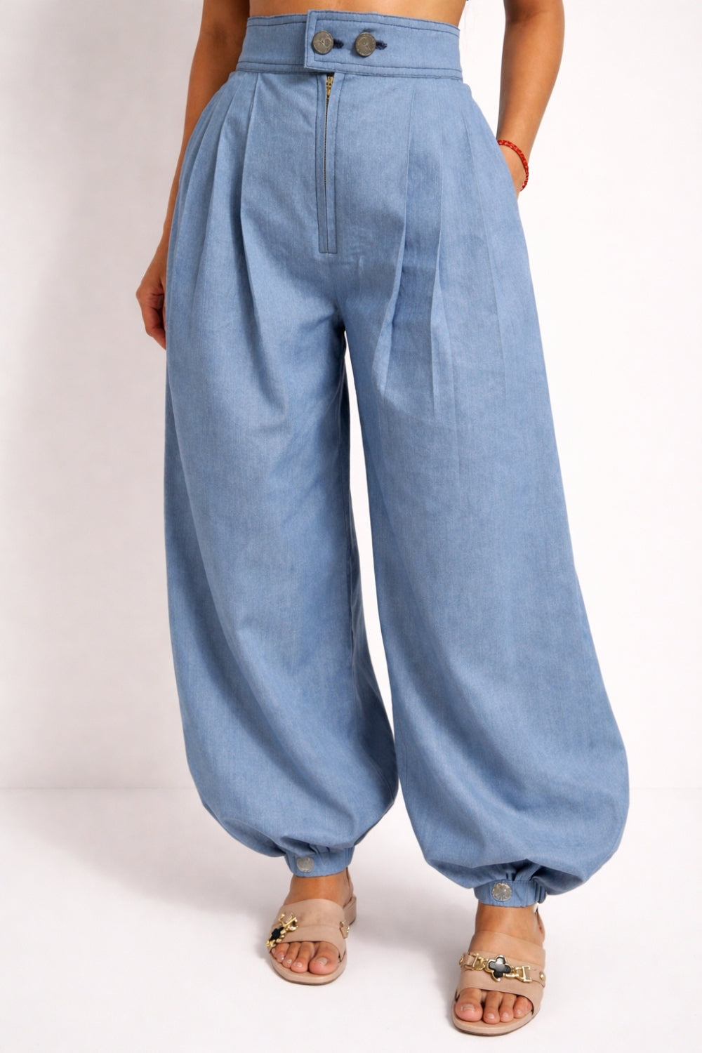 AZURE DRIFT Chambray Set (Sweetheart Crop Top + Gathered Balloon Pants)