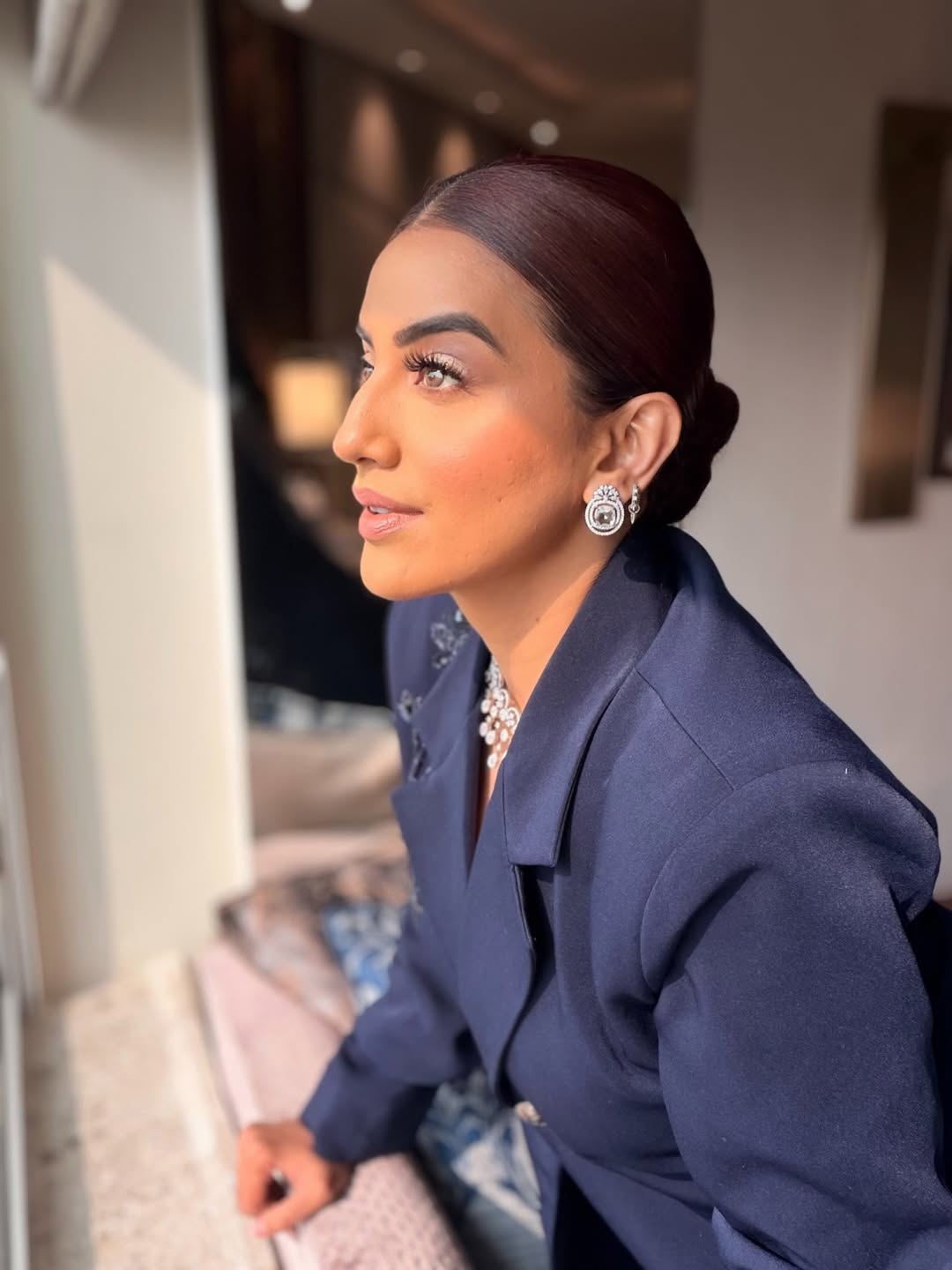 Akshara Singh in our midnight lotus blazer & veil pants