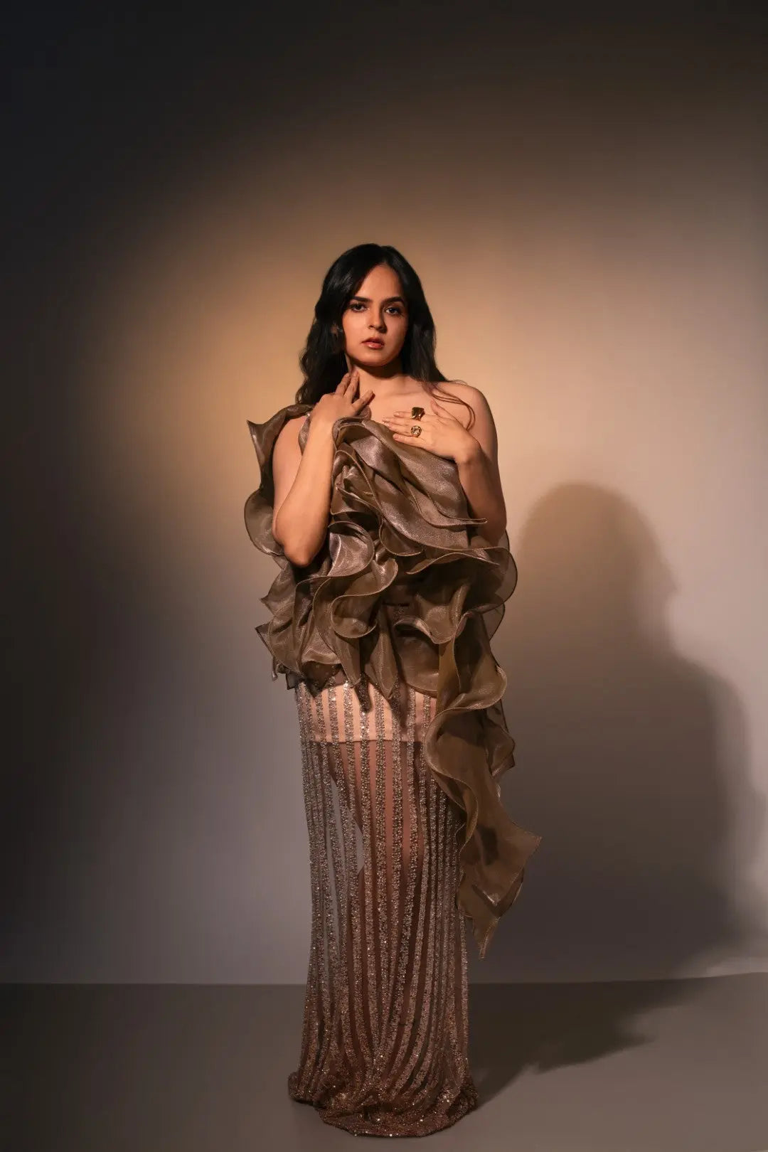 Palak Sindhwani In Our Twilight Cascade Skirt & Dusk Petal Set Ivory Rose