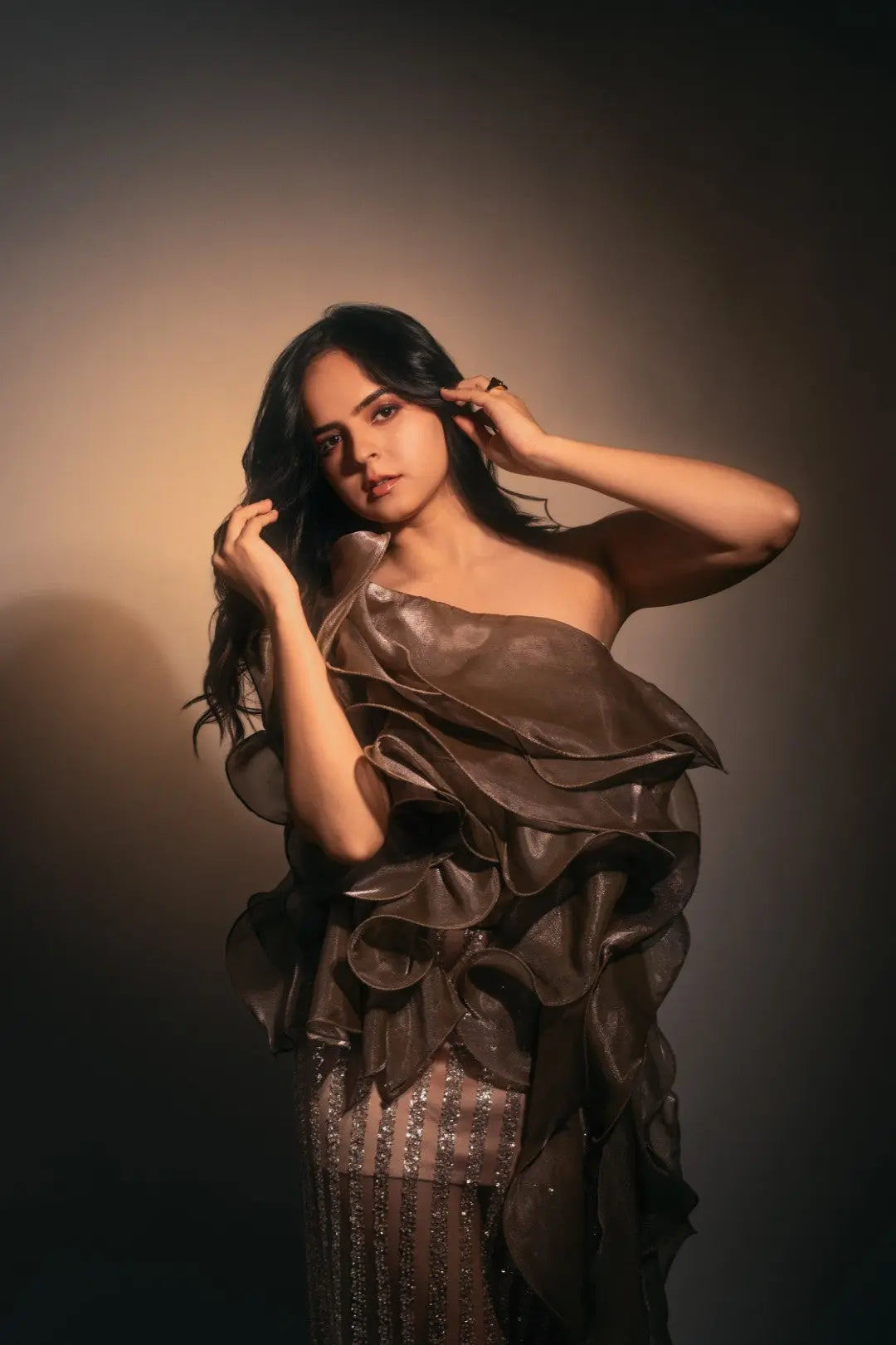 Palak Sindhwani In Our Twilight Cascade Skirt & Dusk Petal Set Ivory Rose