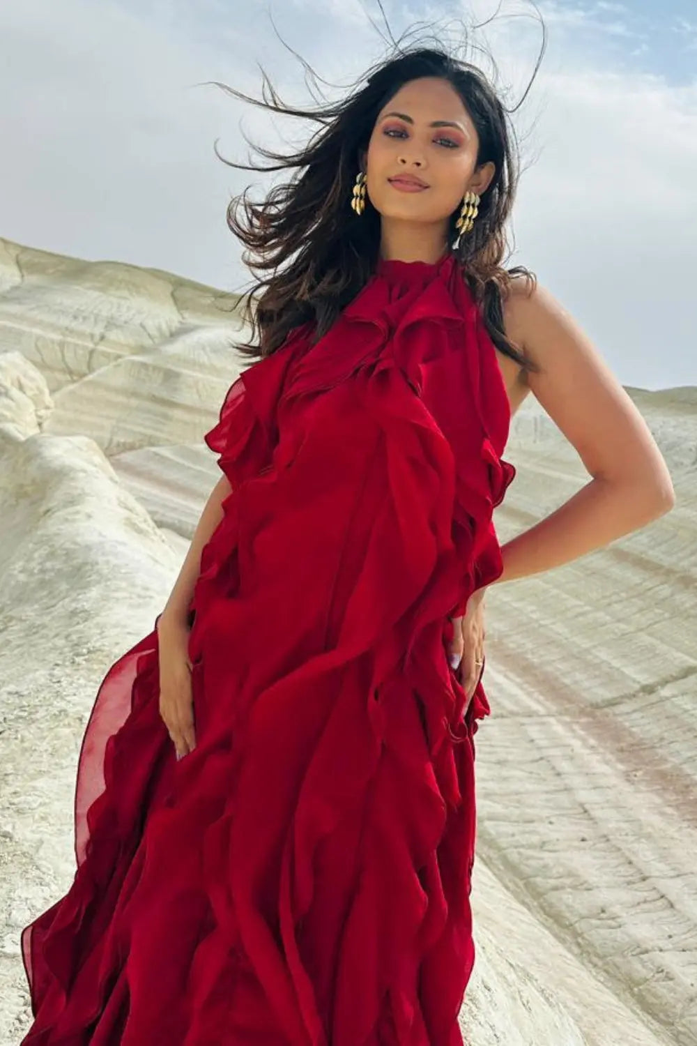 Aayushi Dholakia In Our The Veridian Ruffle Gown Ivoryrose.in