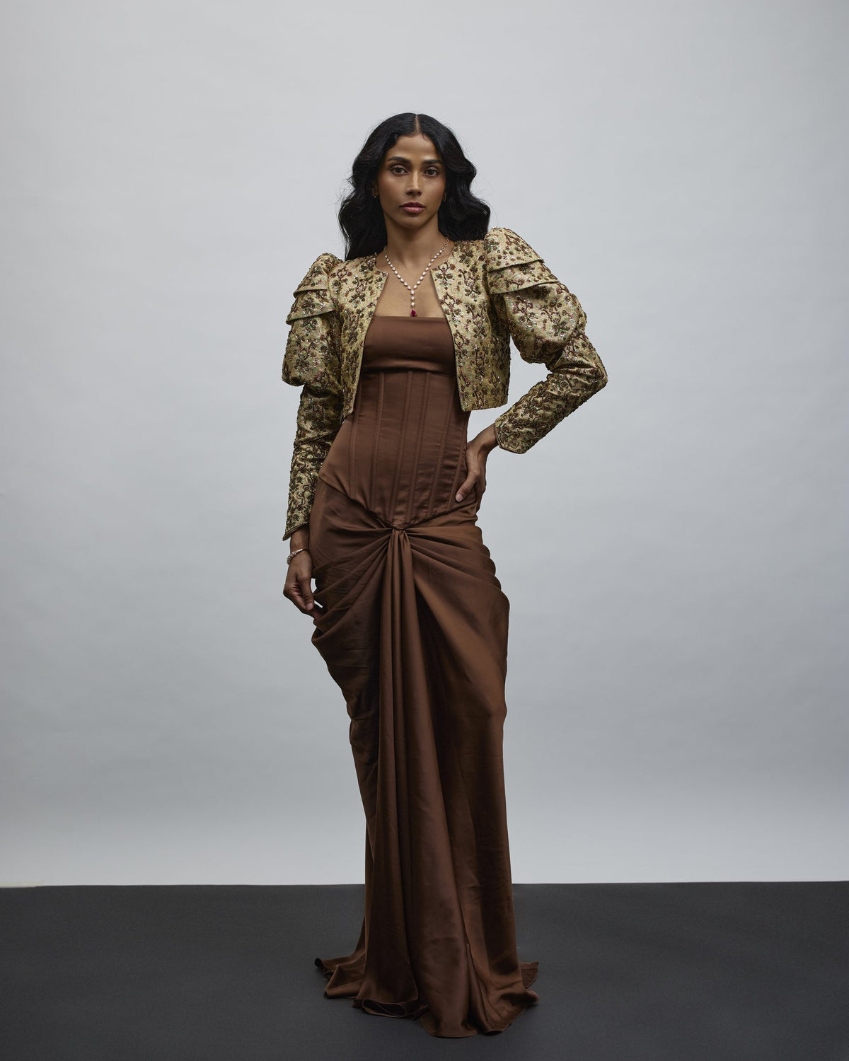 Nakhra Corset Gown & Embroidered Silk Brocade Jacket — Material G(ir)l