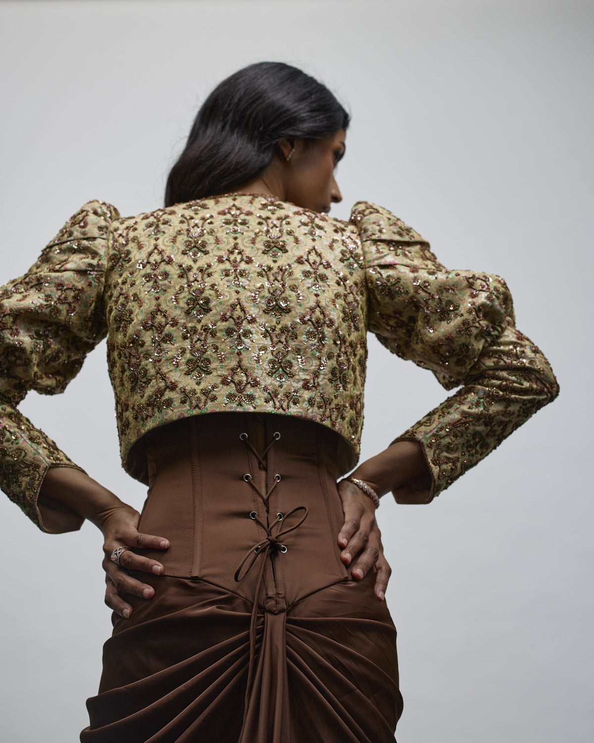 Nakhra Corset Gown & Embroidered Silk Brocade Jacket — Material G(ir)l