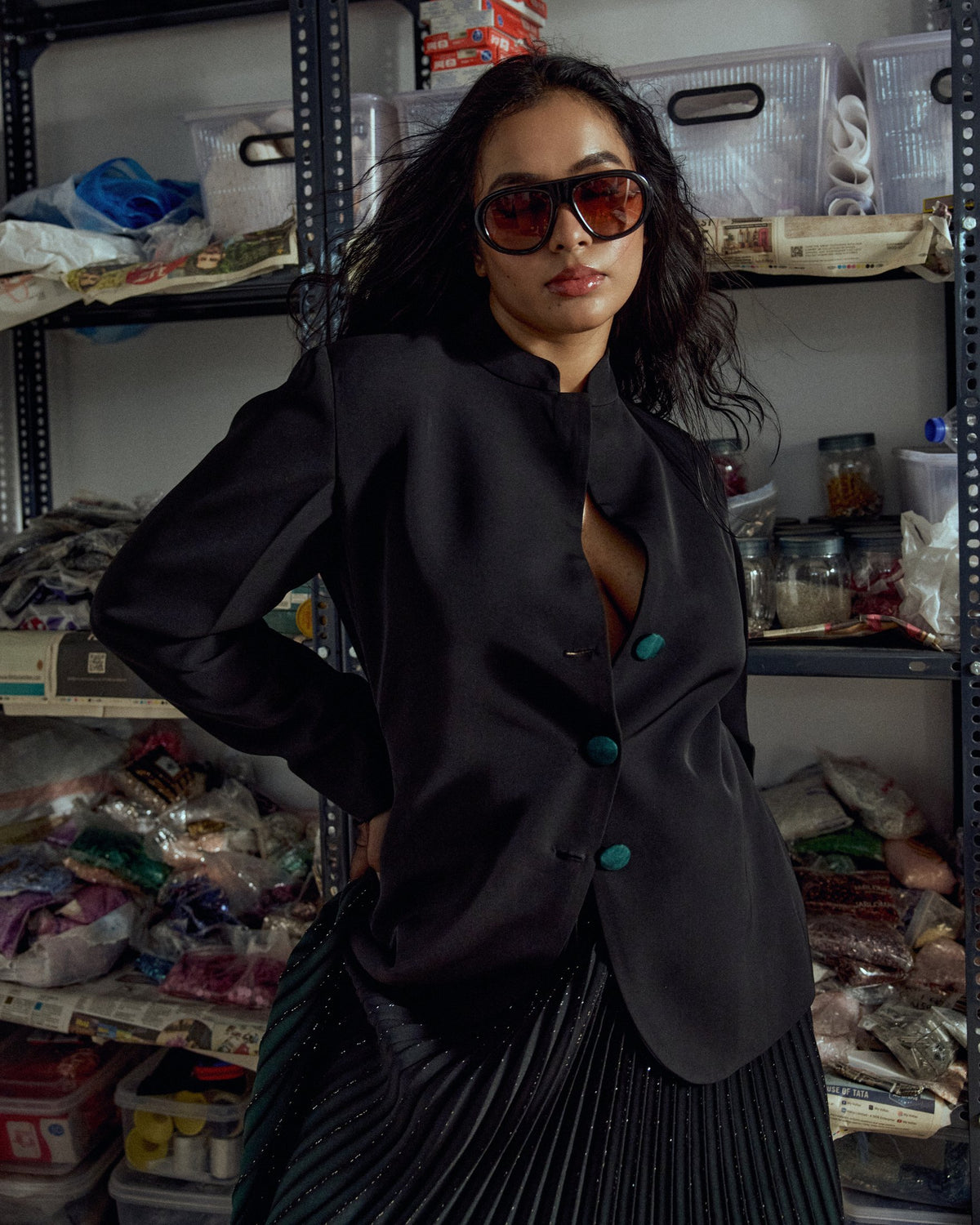 Shahi Black Emerald Ombré Pleated Skirt & Structured Jacket Set — Material G(ir)l