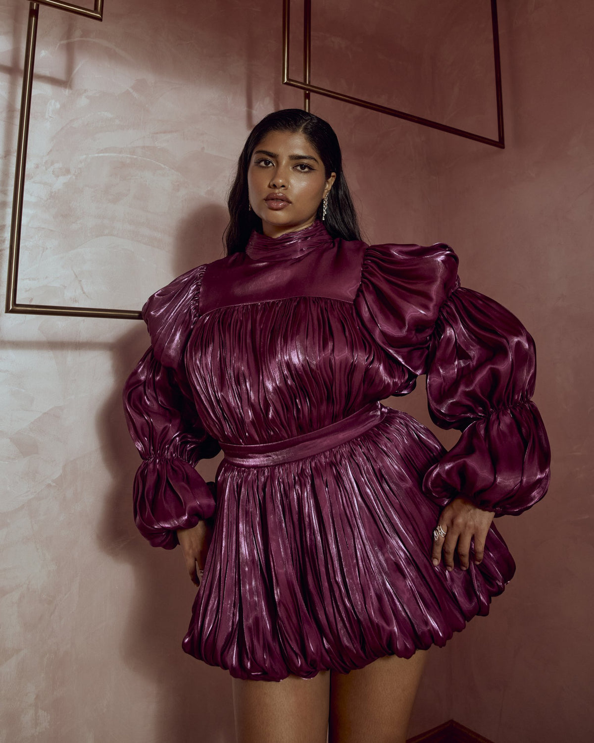 Prunelle Metallic Organza Balloon-Sleeve Mini Dress — Material G(ir)l